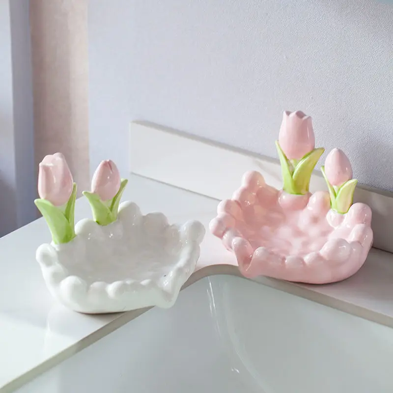 Ceramic Soap Dish Home Bathroom Creative Light Luxury High Beauty Cute Flower Soap Box No Punching Draining Water, Supplies, 1Pc