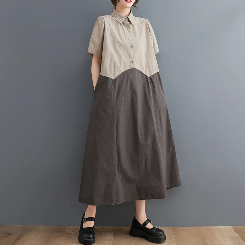 

#6686 Summer Long Shirt Dress Women Polo Collar Buttons A-line Dress Spliced Color Office Irregular Dress Short Sleeve Loose