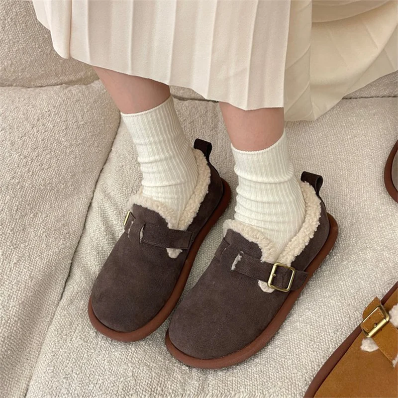 New Women's Fleece Shoes Winter Warm Snow Boots Thick Sole Round Head Comfort Cotton Shoes Casual Bean Loafers Urban