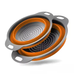 Collapsible Silicone Strainer and Kitchen Storage Basket - S - L - 2pcs (Orange)