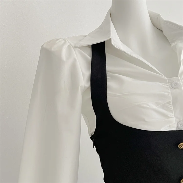 Y2K 3-piece Set Women Crop Coat Blazer White Shirt Halter Sleeveless Bodycon Midi Dress Autumn New Female Korean Chic Outfits