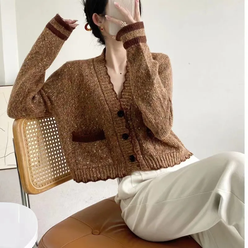 Women Autumn V Neck Long Sleeve Cropped Sweater