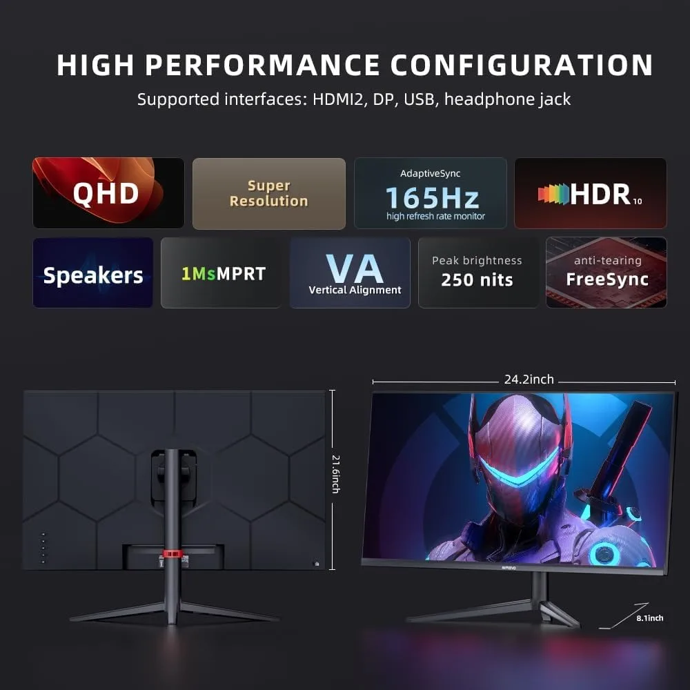 Gaming Monitor 27 Inch QHD 1440P Computer Monitor 165Hz VA 1ms Built-in Speakers, FreeSync, Ultra-Thin PC Monitor 6