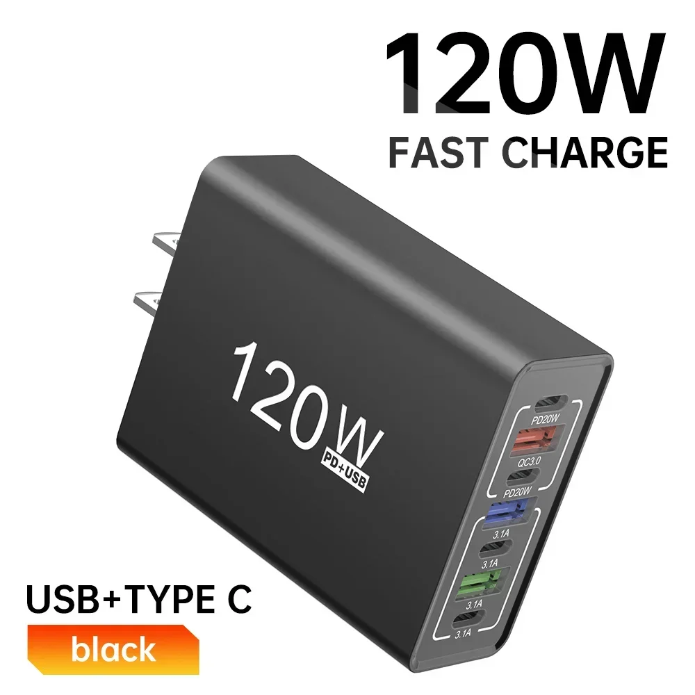 USB C Phone Charger 120W Multi Ports Fast Charging Type C Wall Charger Adapter For iPhone 15 16 Samsung Xiaomi Huawei EU/US Plug