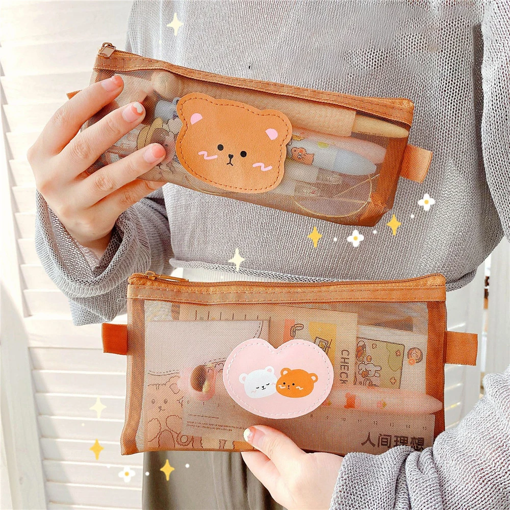 Cute Bear Transparent Mesh Pencil Case Ins Portable Toiletry Makeup Pencil Bag Stationery Gift School Pencil Box Crafts Supplies