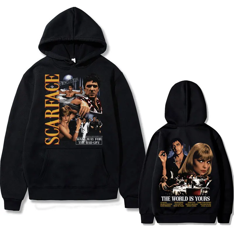 

Movie Scarface Al Pacino Tony Montana The World Is Yours Double Sided Print Hoodie Men Women Hip Hop Vintage Oversized Hoodies