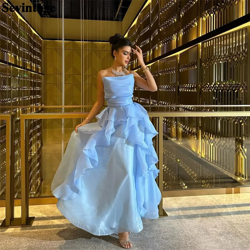 

Sevintage Elegant Sky Blue Arabia Prom Dress A-Line Strapless Ruffles Ankle Length Evening Dress vestido para eventos especiale