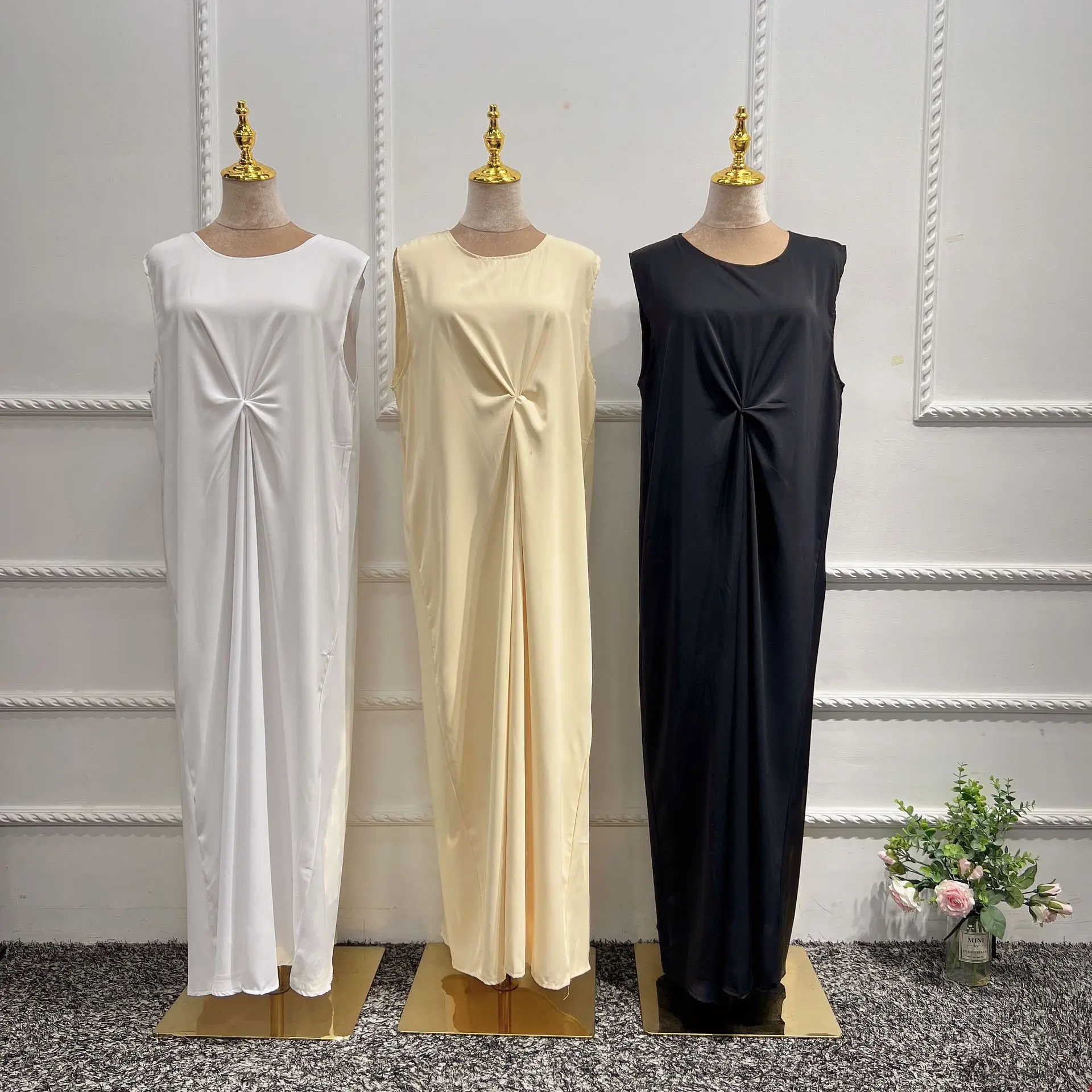 venda quente vestido muçulmano plissado elegante cor pura longo dentro abayas islâmico roupa de uso modesto eid robes