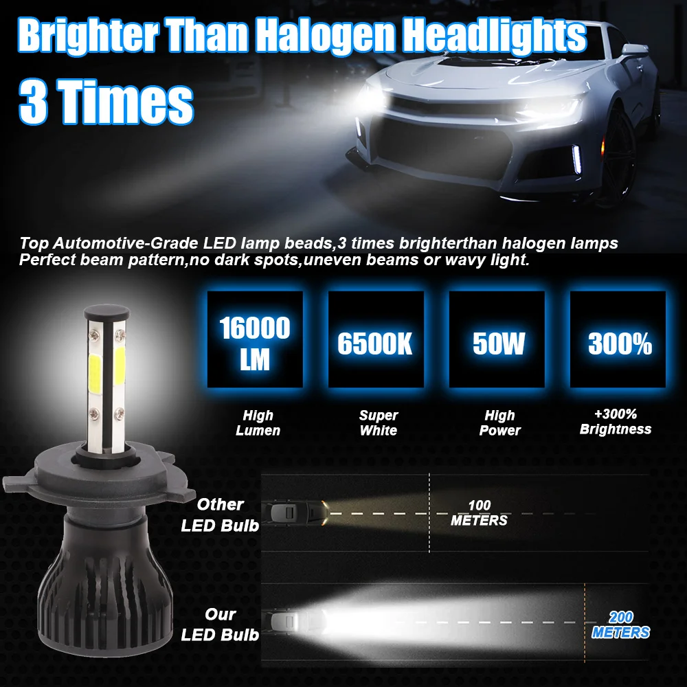 Led Car Lights Led Lights Led Headlights Led Car Headlights Car Headlamps 2pcs 16000Lm 50W H4 H13 9008 9004 9007 Hi/Lo Beam H7 9005/HB3 9006/HB4 H11 H8 Auto Led Headlight 6500K White Car Lights 12V