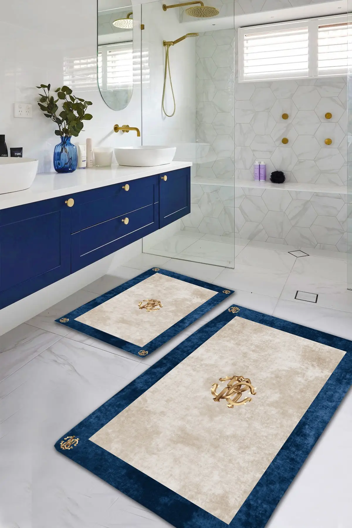 Luxury Navy Blue Gold Washable 2li Bath Mat Doormat Toilet Seat Pad