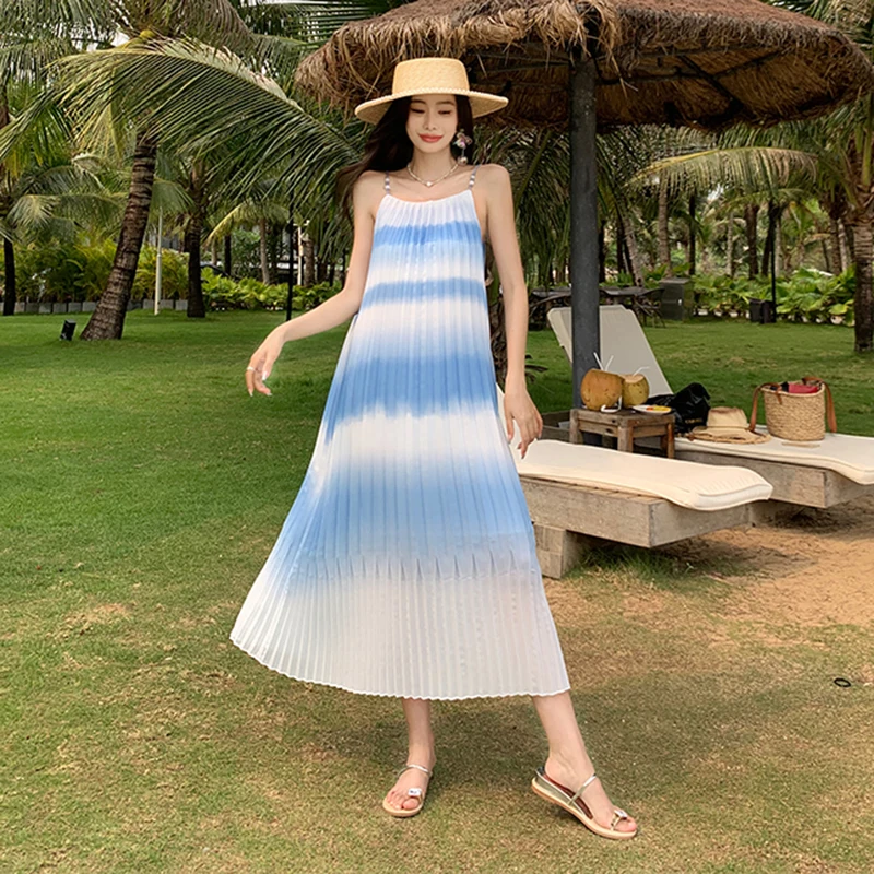 

New In Draped Backless Maxi Summer Beach Dresses Y2K Women's Gradient Elegant Long 2023 Blue Simple Vacation Sundress Runway