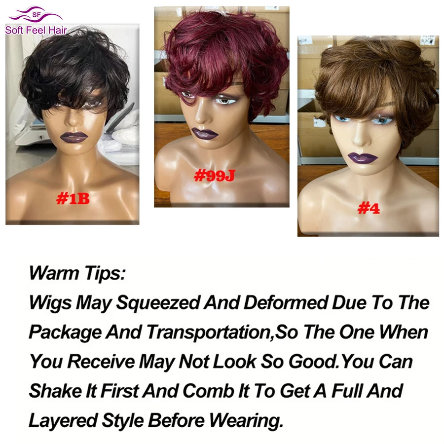 Short Wavy Pixie Cut Wig Human Hair Wig with Bangs for Women Full Machine Made Wigs(6 Inch 150% Density) human hair wigs