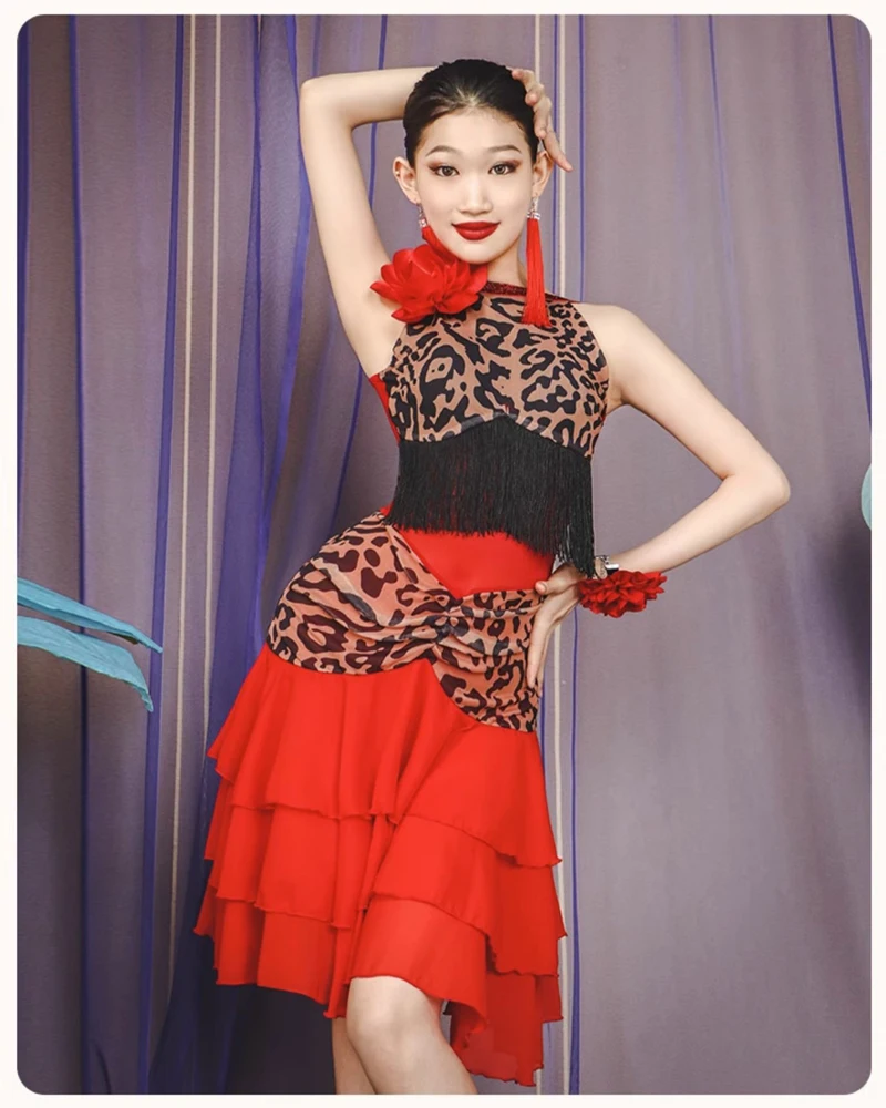

Latin Tassel Dress Dance Competition Performance Stage Costume Leopard Practice Wear Nightclub Outfits Evening Party Gowns