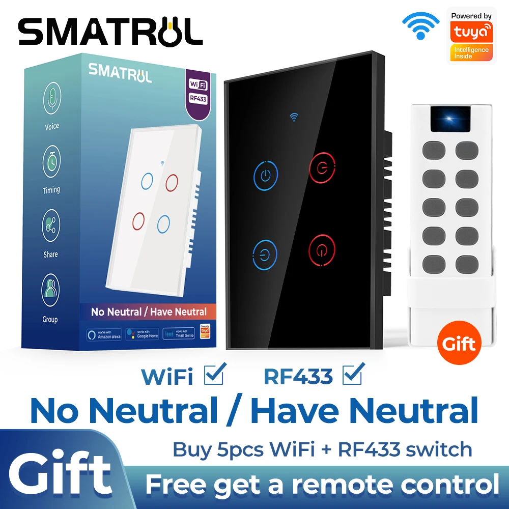 

SMATRUL Tuya Wifi Wireless Touch Smart US Switch Control LED Light RF 433MHZ No Neutral Wall 1/2/3/4 Gang For Google Home Alexa