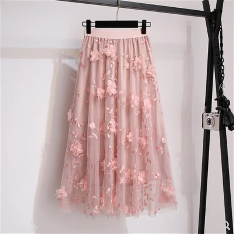 

Женская плиссированная юбка средней длины, длинная сетчатая юбка из тюля с цветочной вышивкой и высокой талией в Корейском стиле, A1175, весна-лето 2023