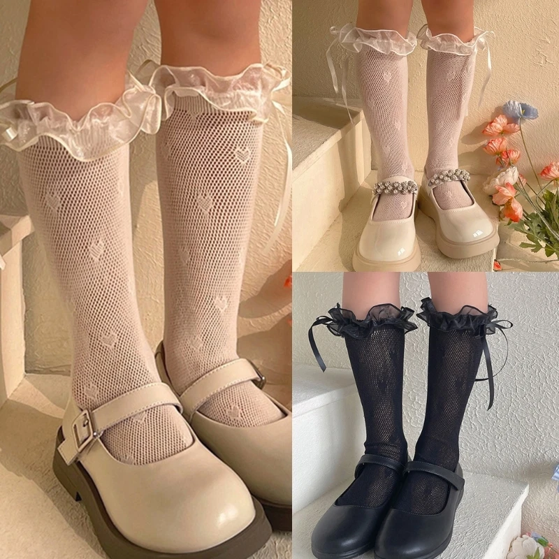

N80C Girl KneeHigh Socks Ribbon Lace Socks Summer Cooling AntiMosquito Socks