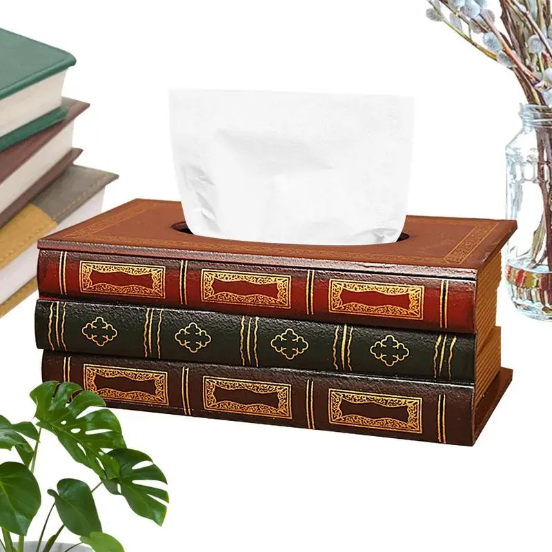 

Wooden Book Tissue Box creative Rectangular Tissue Holder Classical Retro Antique Book Tissue Box Book Shaped Napkin holder