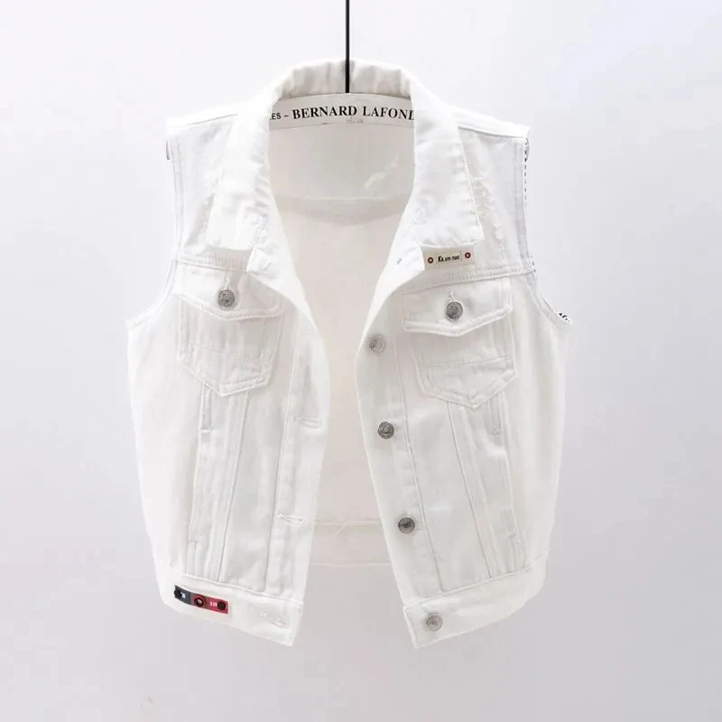 HoodedWhiteDenimVestWomenSleevelessJacketWaistcoatShortCowboy