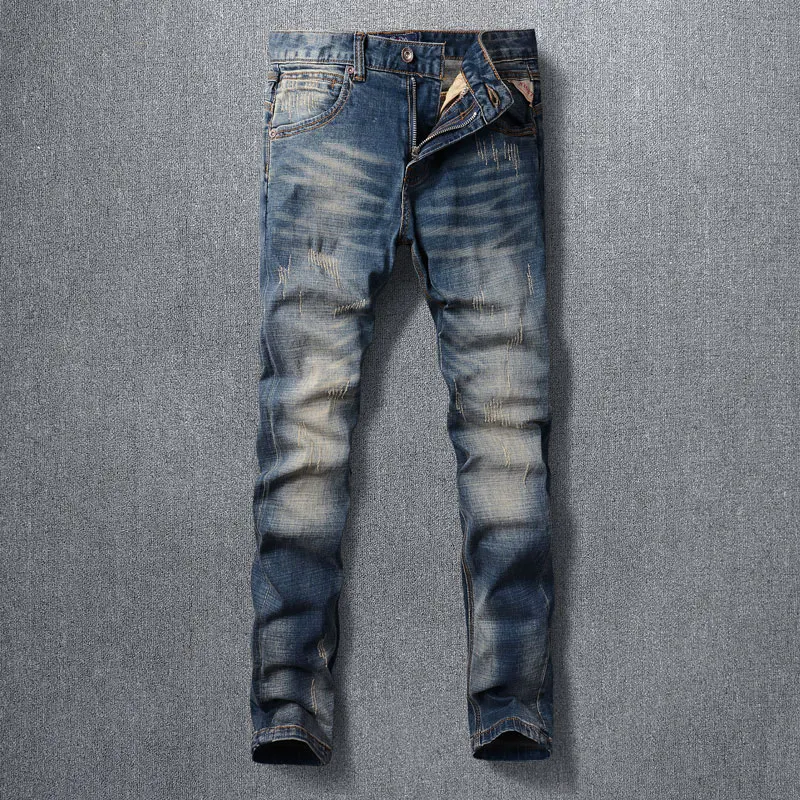Newly Designer Fashion Men Jeans Retro Blue Washed Stretch Trousers Elastic Slim Fit Ripped Jeans Men Vintage Denim Pants Hombre