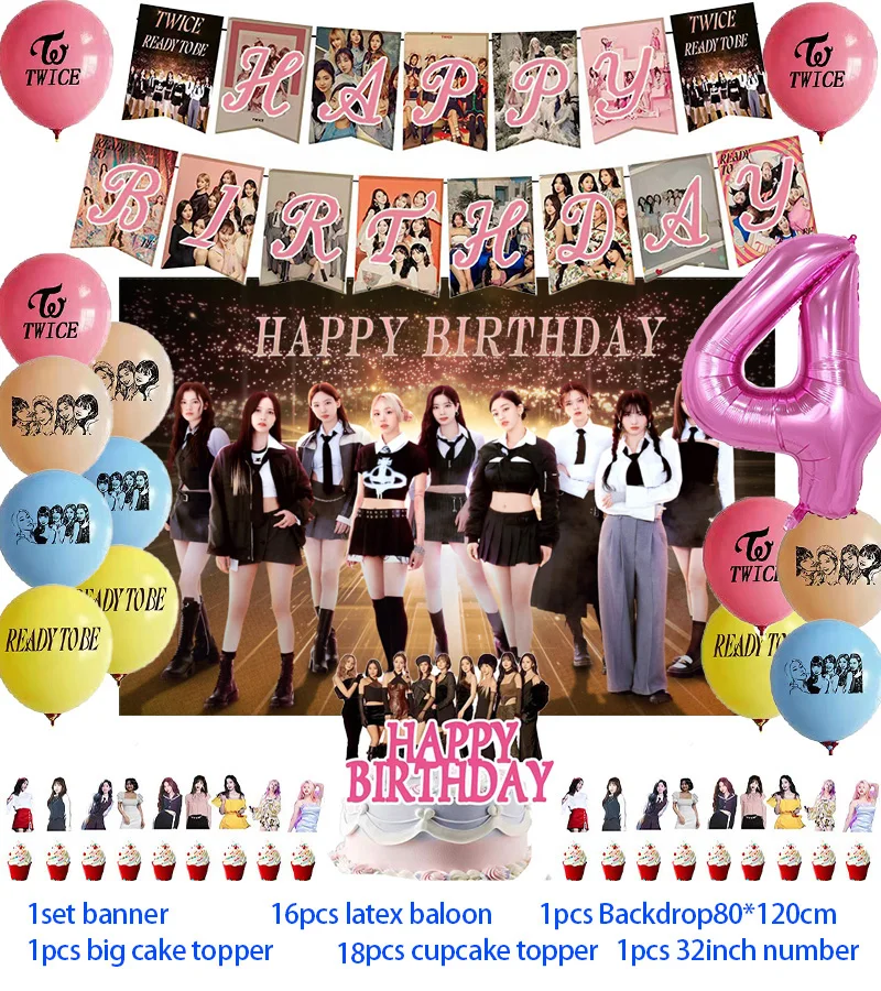 thumbnail image 1 of Decoración de fiesta de cumpleaños de canto Kpop Twice, globo, vajilla, telón de fondo, adorno de pastel, suministros para fiesta de cumpleaños, Baby Shower, 1 of 5