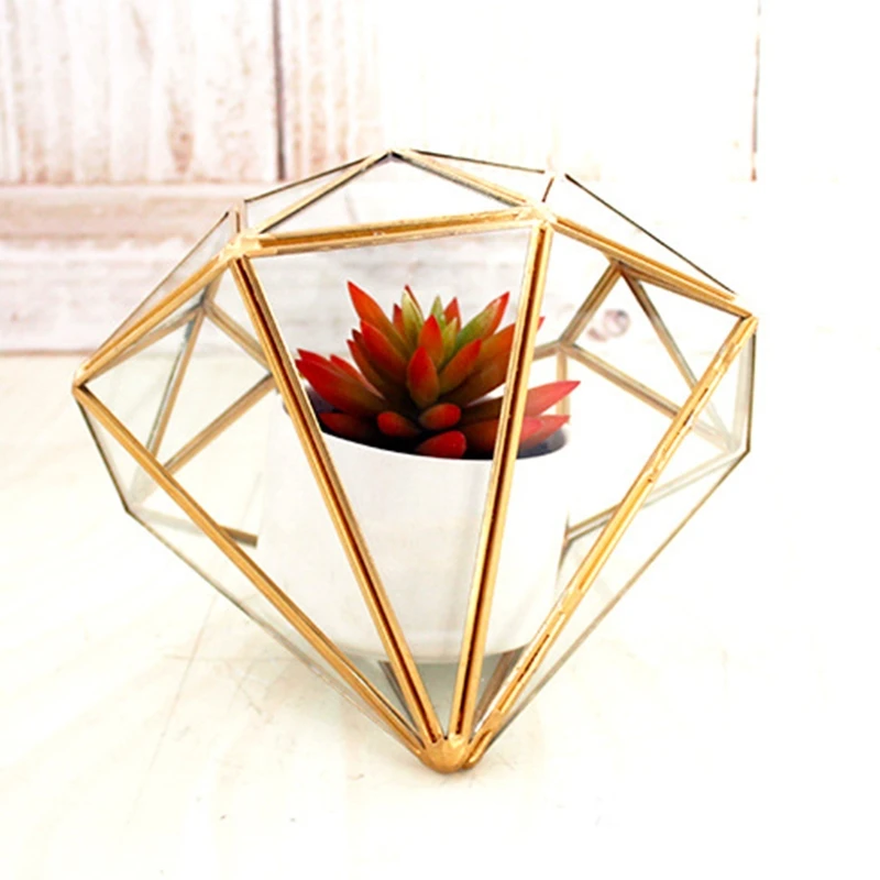 Handmade Gold Open Glass Geometric Terrarium Brass Diamond Succulent Fern Moss Plant Display Container Balcony Small