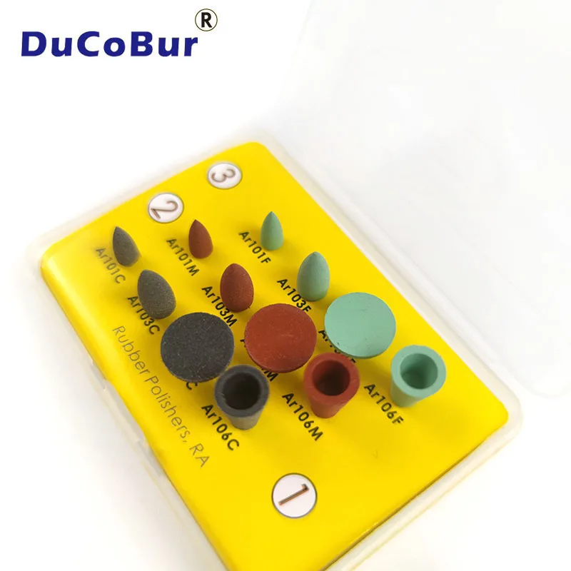 

DuCoBur 12PCS/Box Dental Rubber Polishers Metal Polishing RA Dentistry Burs Kit Lab Tool Max.15000r Coarse Medium Fine 3 Colors