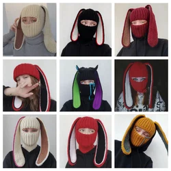 Halloween Knitted Balaclava Long Bunny Ears Hat For Women Winter Warm  Rabbit Ears  Hats Crochet  Hat Ski Mask