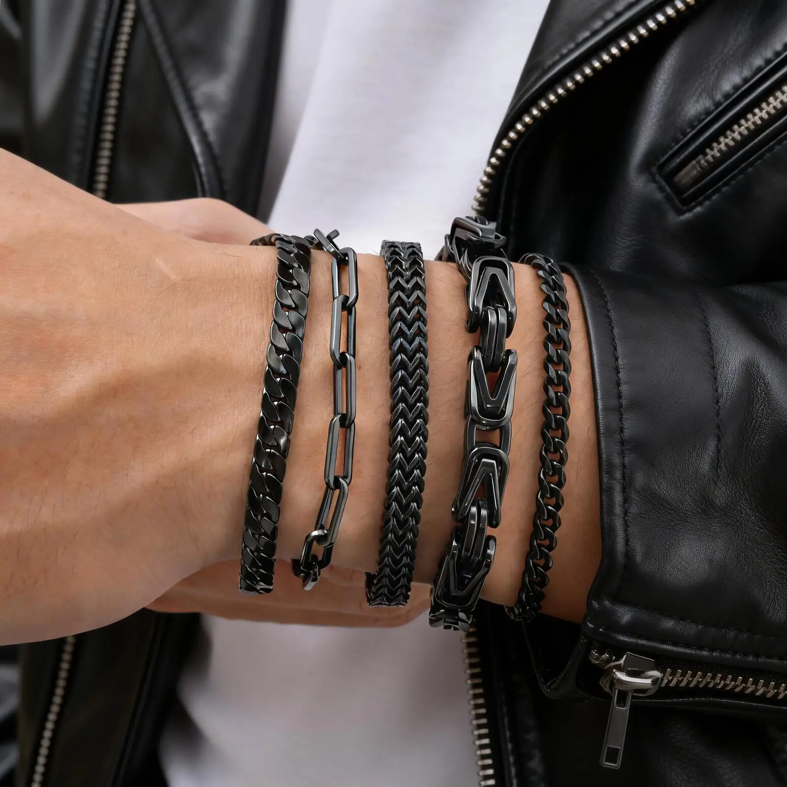 Lässiges schwarzes Kettenarmband für Männer, byzantinisches geflochtenes Gliederarmband aus Edelstahl, Geburtstagsgeschenk für Vater, Ehemann, Sohn
