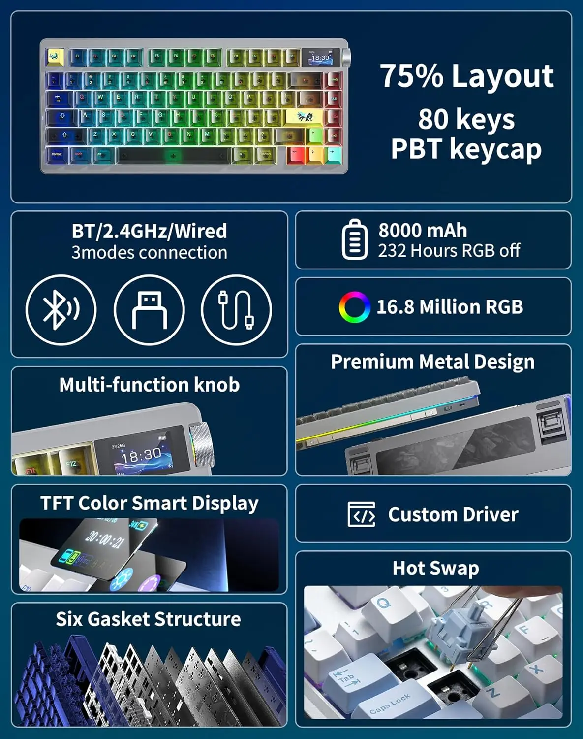 AULA NOVA75 기계식 키보드 핫 스왑 스크린 금속 손잡이 무선 트라이 모드 게임용 키보드 PC E-스포츠 액세서리 선물