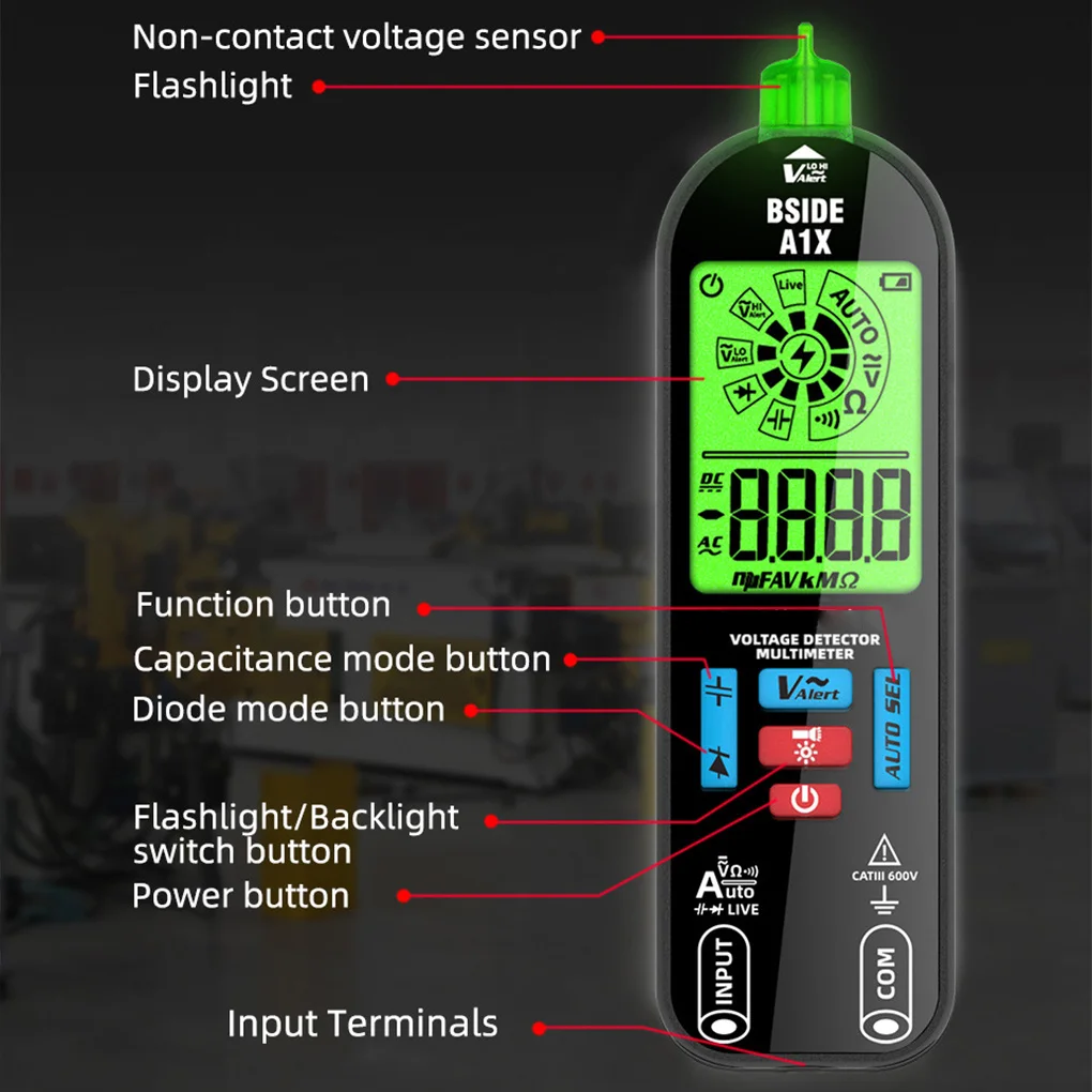 Digital Multimeter Tester Smart Mode With Red Green Backlight Measures Capacitance Diode Ohm