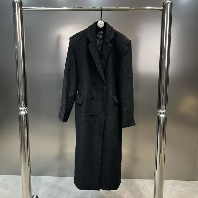 PREPOMP-Manteau Long en Laine avec Col Rabattu et Double