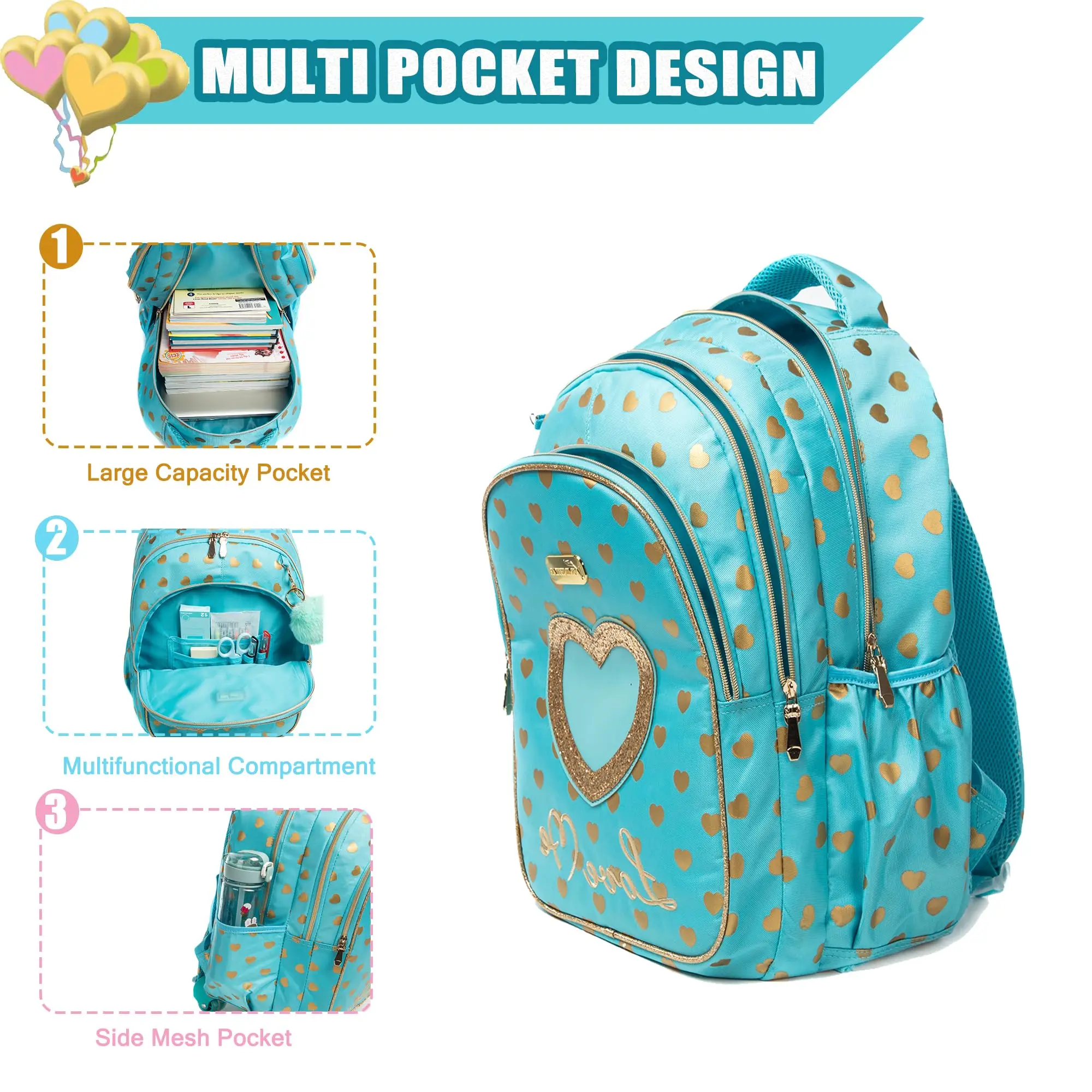 School Backpacks for Girls Backpack with Lunch Bag Pencil Case Elementary Primary Backpack for Teen Girls 5