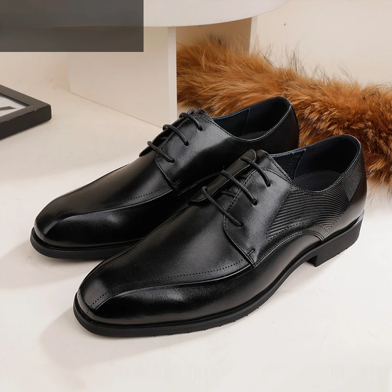 

New Derby Man Shoes Formal Business Casual Genuine Leather Round Head Lace Up Luxury Brand Black Designer Office Soulier Homme