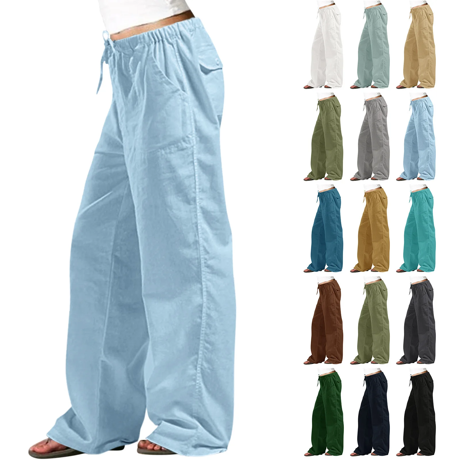 Pantalones informales de algodón y lino para mujer, Pantalón recto con bolsillo y cintura elástica, Color sólido, 2024
