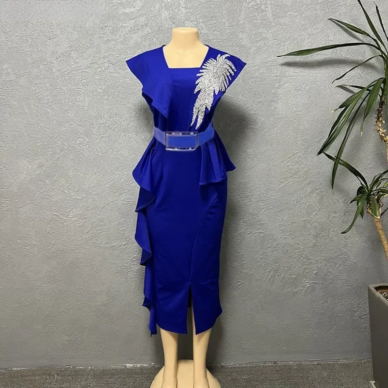 Elegant Ruffles Maxi Dress African Dress for Women Sexy Sleeveless Long Bodycon Dresses Rhinestone Robe Femme African Clothes aomei women bodycon dress ruffles slim fashion tight dresse stylish sleeveless pencil robe summer fashion new 2023 gowns african