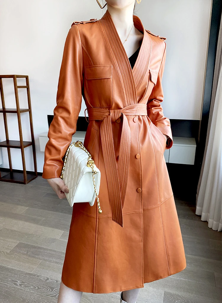Leder Graben Mantel für Frauen 2022 Orange V-ausschnitt Zweireiher Gürtel Spitze Up Schlank Warm Lange Windjacke Manteau Femme Hiver