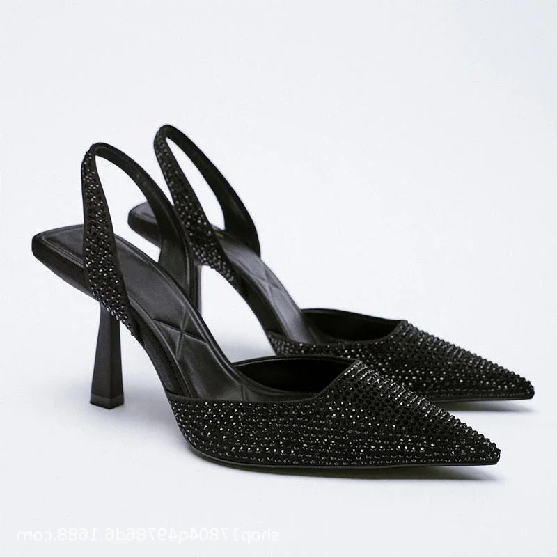 Gold Women Heels Sandals Summer Crystal Pointed Toe Female Stiletto African Party Rhinestone Shallow Slip on Heel Shoes women sandals women high heels