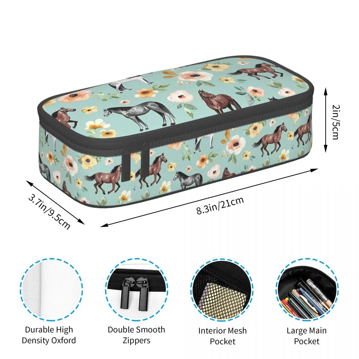 Horses With Flowers Sunrise Floral Blue Pencil Cases Large Storage Pen Bags Pen Box Pencil Pouch For Boys Girls Students
