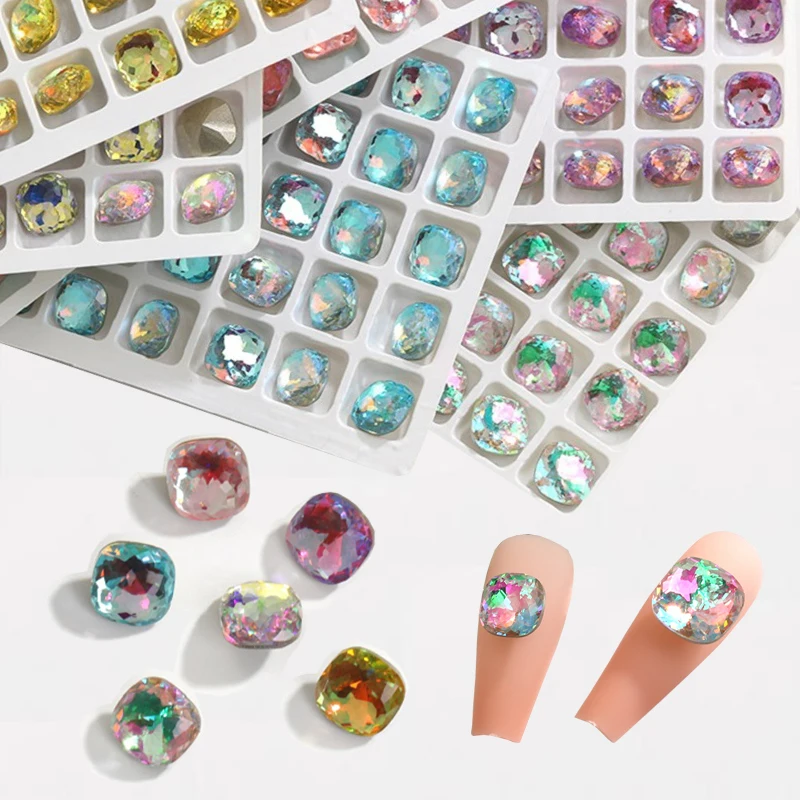 

10/20Pcs 10mm High Quality Colorful Fat Square Series Point Bottom Faceted Flash Nails Design Glass Rhinestones Bulk Pixie Stone