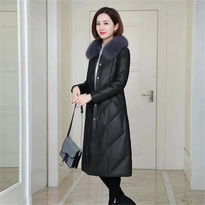 2024 Winter Women Faux Sheepskin Coat Down Cotton-padded Jacket Long Parkas Thicken Warm Outwear Female Leather A-Shape Overcoat