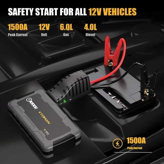12 Portable Car Jump Starter Power Bank 1500A 8000mAh Car Battery Charger Auto Emergency Booster Starting Device