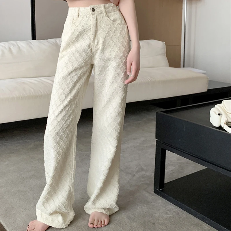 

White High Waisted Diamond Checkered Floral Jeans for Women 2024 Spring New Jacquard Design Wide Leg Pants