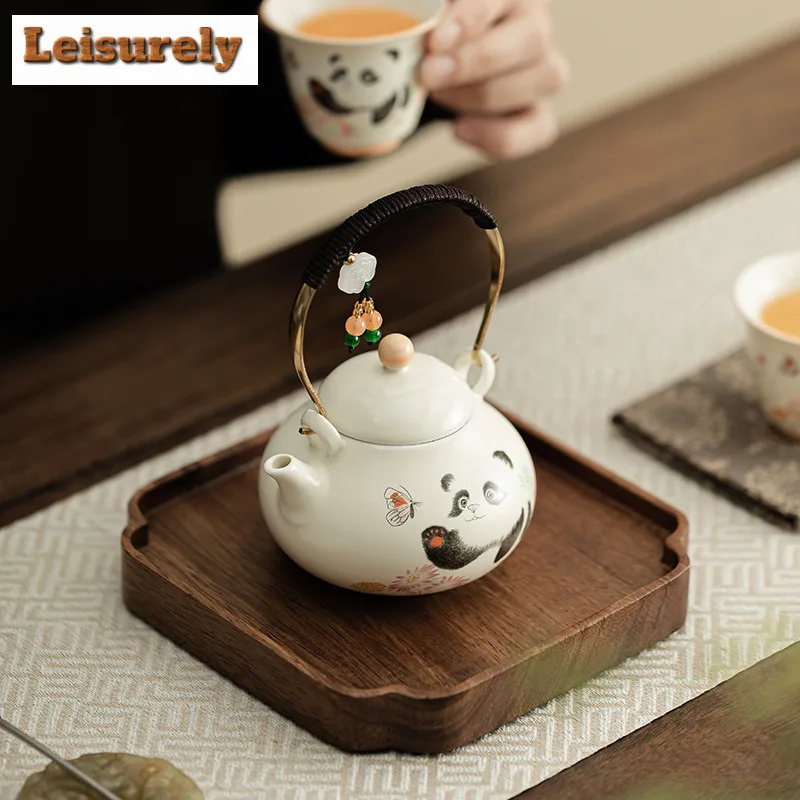 132ML Cream Ding Kiln Panda Play Butterfly Lifting Beam Teapot Boutique Tea Infuser Pot Tea Making Kettle With Strainer Teaset