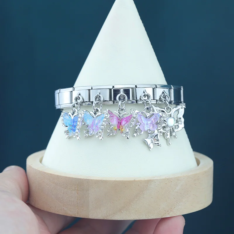 Hapiship 2024 Women Fashion Butterfly Shiny CZ Italian Charms Links Fit 9mm Stainless Steel Bracelet DIY Making Jewelry DJ1091