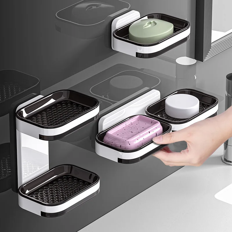 Soap Rack Wall Mounted Double Layer Soap Dish Punch Free Drawer