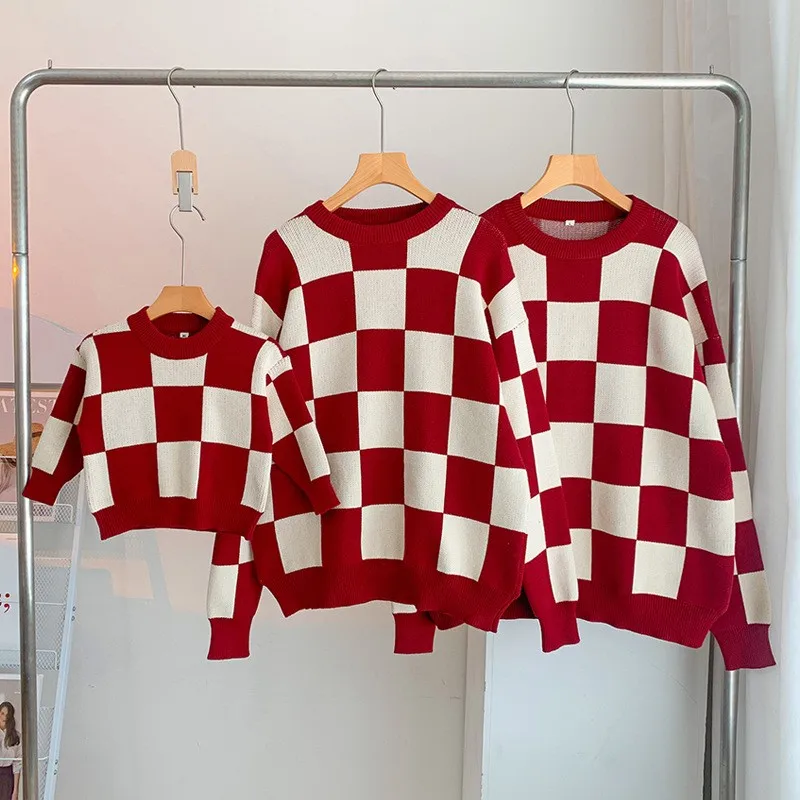 

Parent Child Autumn Winter Knitwear Top Family Matches Plaid Knitting Mother Dad Children's Clothes Fashion Checkerboard Sweater