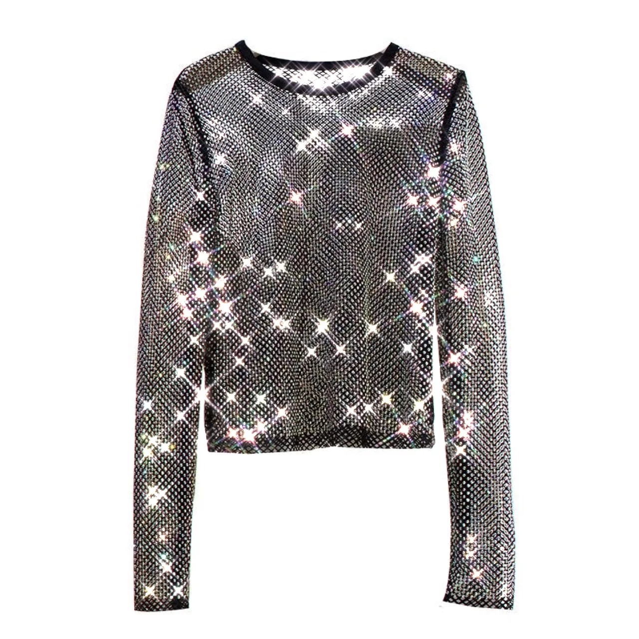 

New Ladies Temperament Rhinestone Round Neck Long Sleeve Bright Summer Starlight Hollow Shiny Bottoming Shirt Women's Top Trend