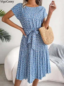 VigoCasey 2025 Elegant Print O Neck Short Dress Women Sexy Cross Short Sleeve Clud Dress Lady Casual Belt Summer Tight Dresses