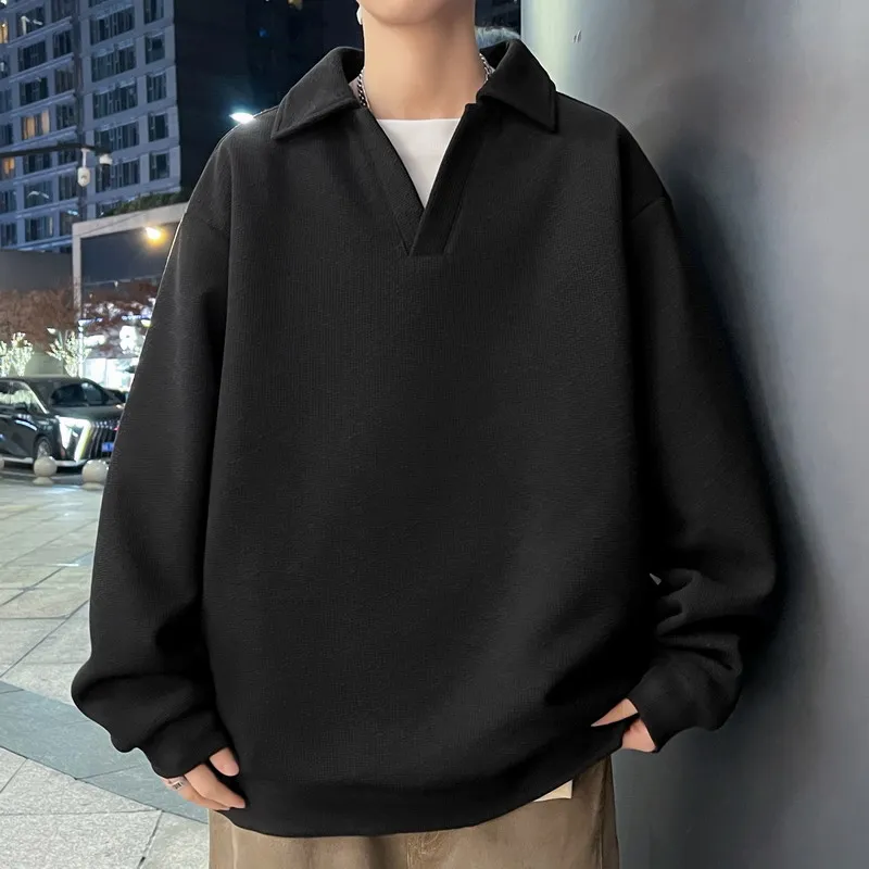 Men's Waffle Knit Polo Collar Sweatshirt Big Size 6XL 7XL 8XL Polyester Spandex Breathable Soft Black Coffee Casual Daily Top