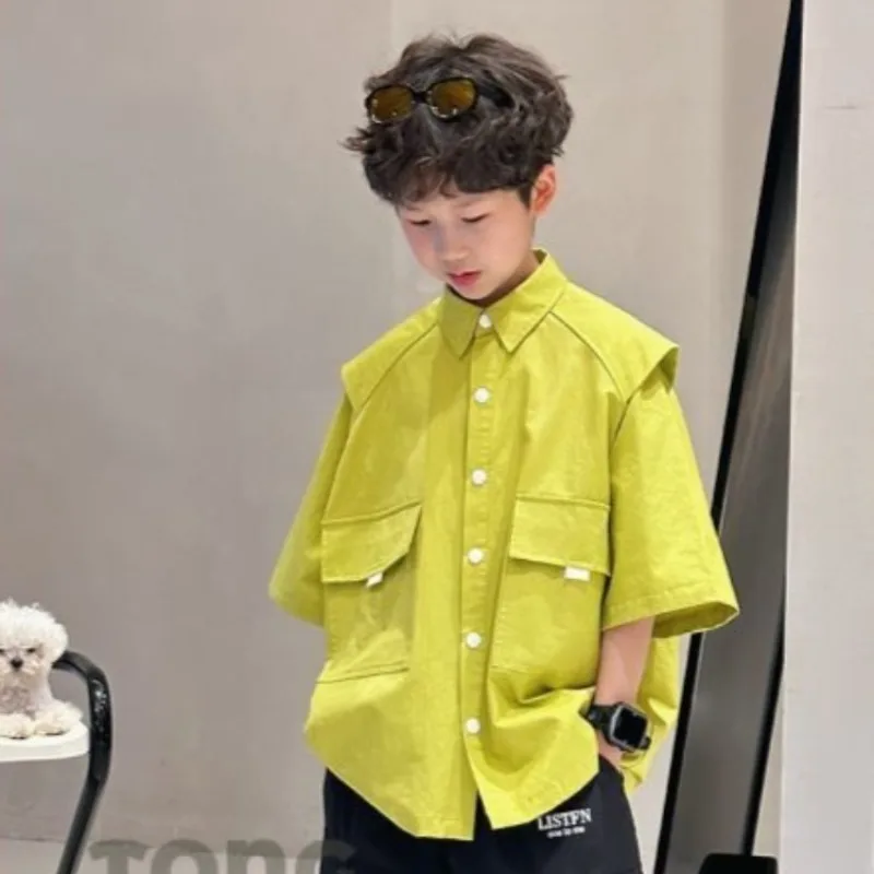 2026 여름 신상 남아 반팔 셔츠 중대형 아동용 면 통기성 캐주얼 셔츠 트렌디 아우터웨어